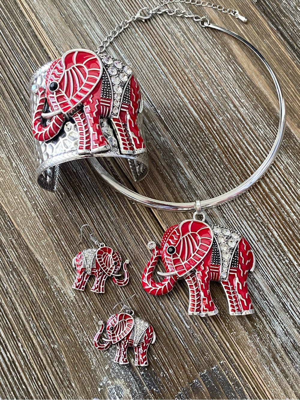 NEW Red Elephant Pendant Necklace with Matching Earrings - Women's Jewelry